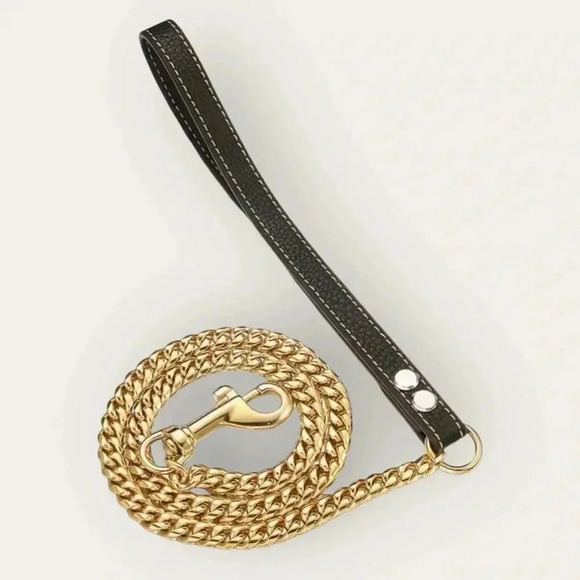 18K Gold Plated Dog Chain Leash Lead Designer Trendy Show Training Black Handle - Picture 3 of 5